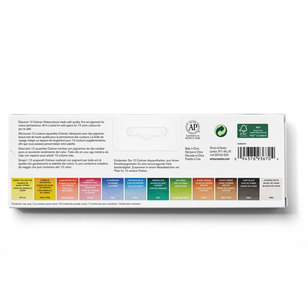 Winsor & Newton Cotman Watercolour Customisable Travel Tin, 12 Half Pans