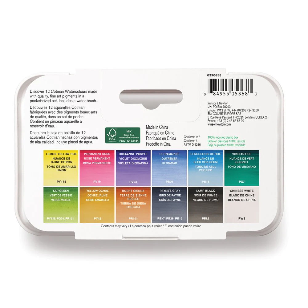 Winsor & Newton Cotman Watercolour Water Brush Pocket Set, 12 Half-Pans