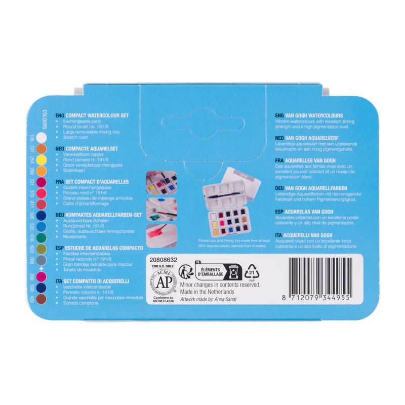 Van Gogh Watercolour Pocket Box Basic Colours | 12 Half Pans + 3 Colours