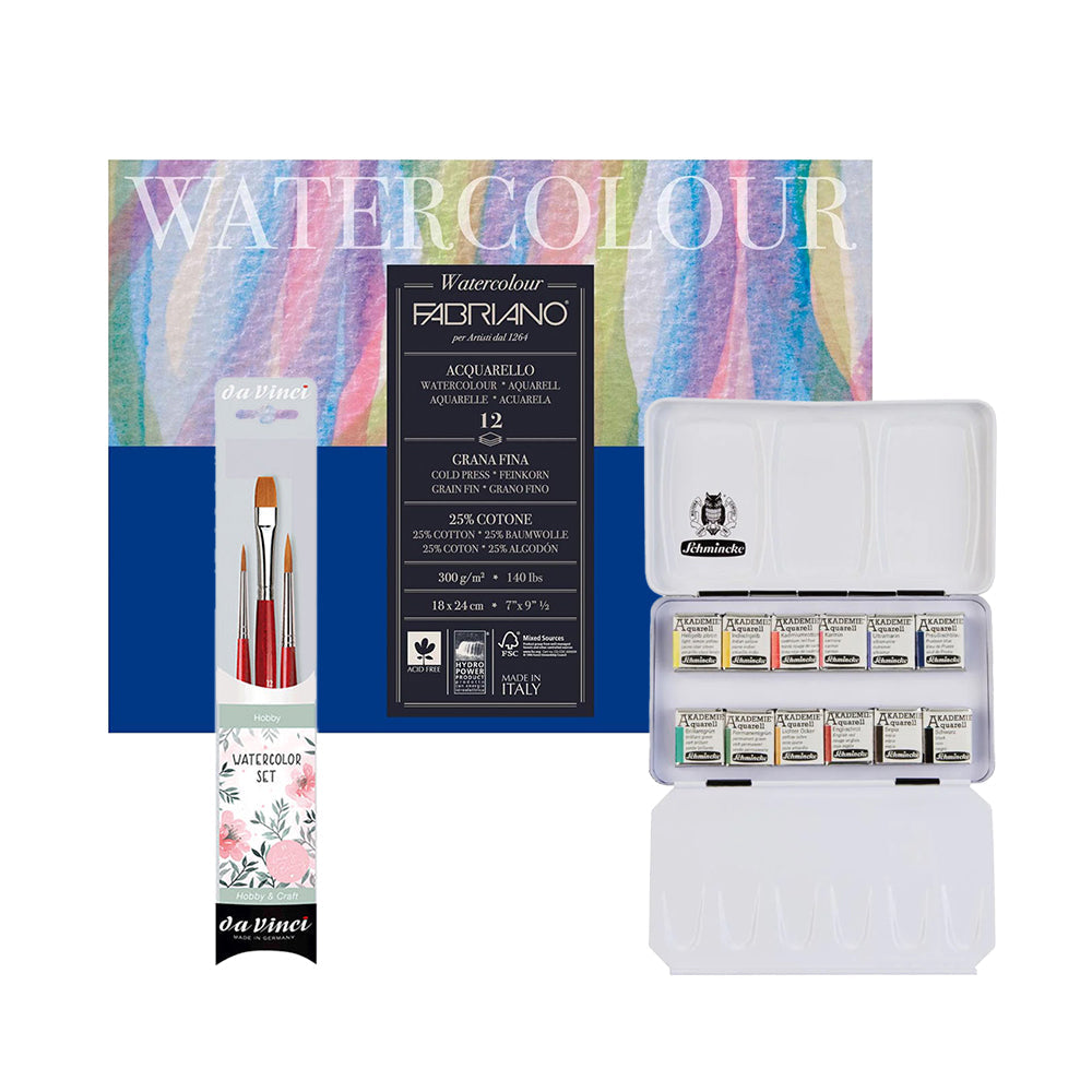 Watercolour Painting Kit for Beginners - 12x Watercolour Cubes, 3x brushes, 1x Paper Block
