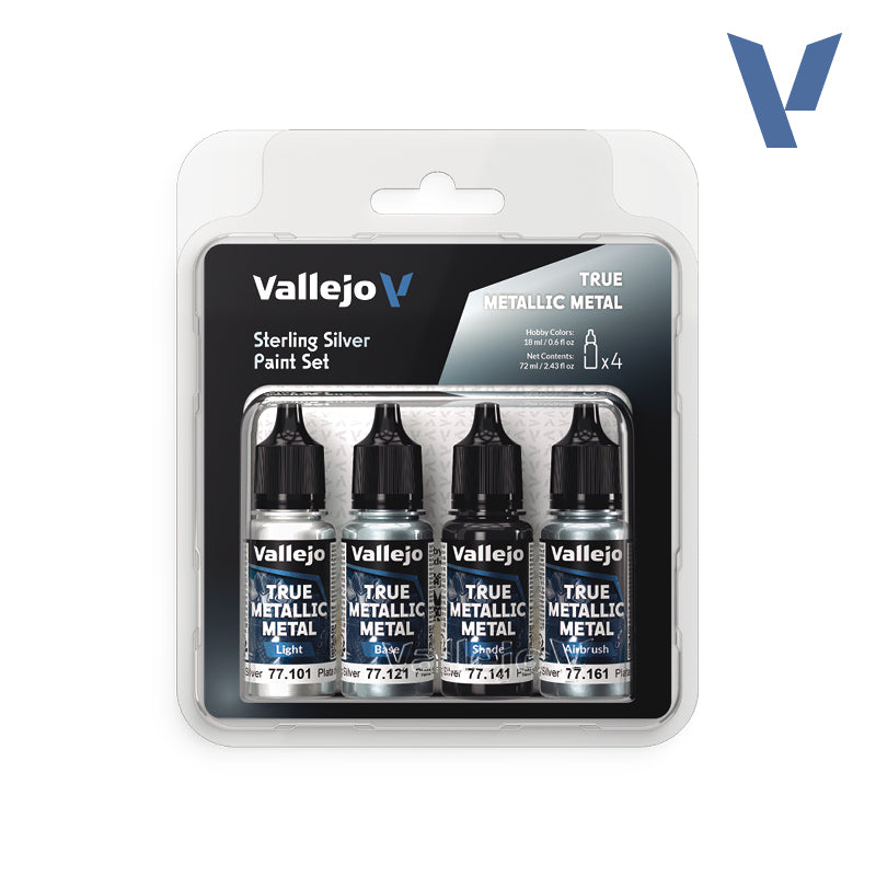 Vallejo True Metallic Metal Sterling Silver Acrylic Paint Set, 4x18 ml