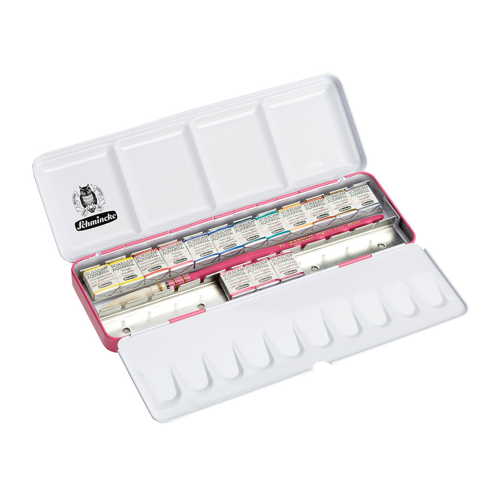 Schmincke Horadam Pretty Pink Watercolor Set in a Metal Box, 15 Colours, Half-Pan + Brush