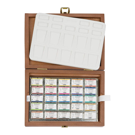 Schmincke Horadam Aquarell Set in a Wooden Box, 24 Colours, Full-Pan + Porcelain Palette + Wetting Agent