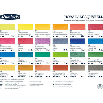 Schmincke Horadam Aquarell Set in a Wooden Box, 24 Colours, Full-Pan + Porcelain Palette + Wetting Agent