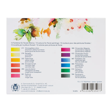 Schmincke Horadam Aquarell Floral Set in a Metal Box, 12 colours + 6 empty spaces, Half-Pan