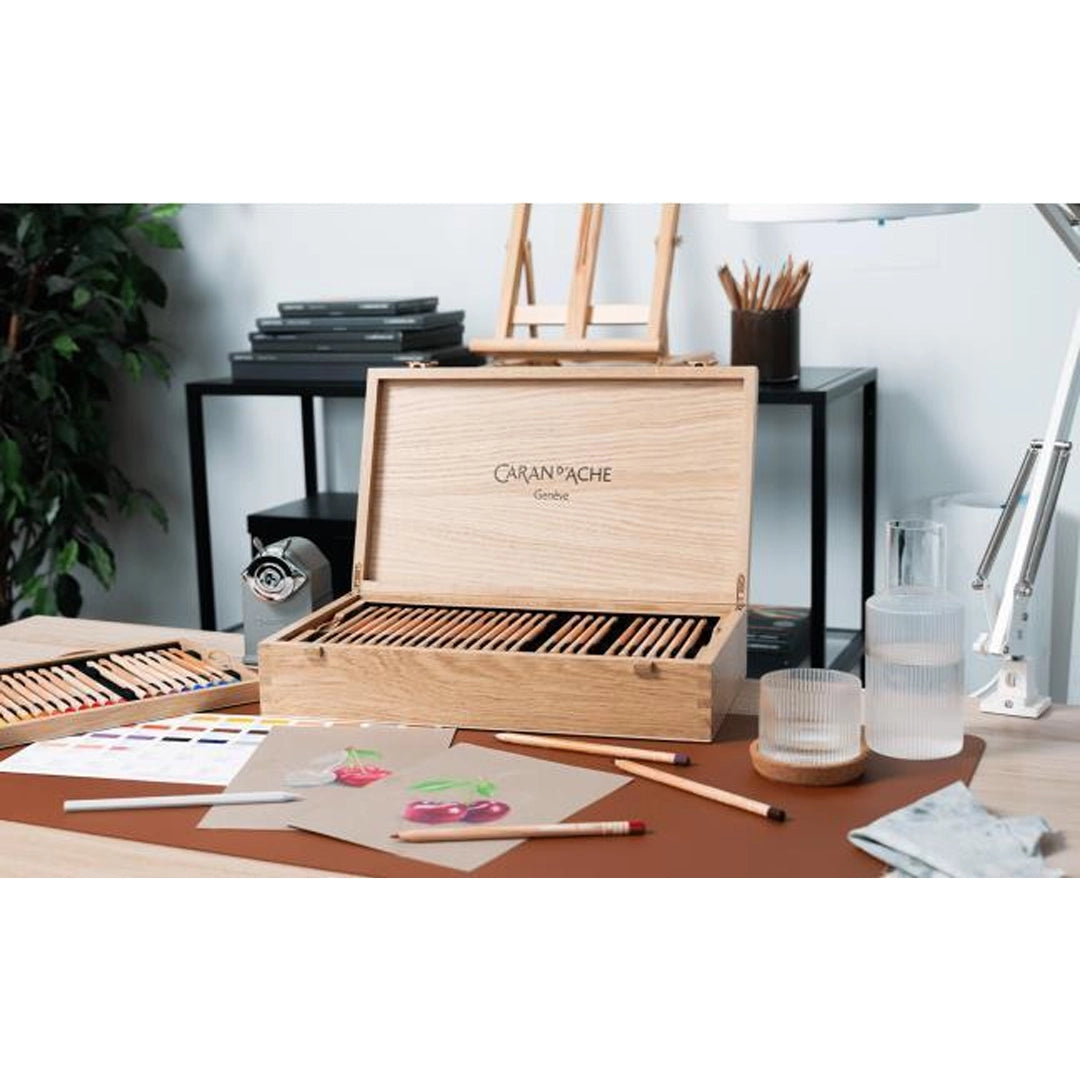 Caran d'Ache LUMINANCE Colored Pencils Set of 100 in a Wooden Box + 2 Blenders