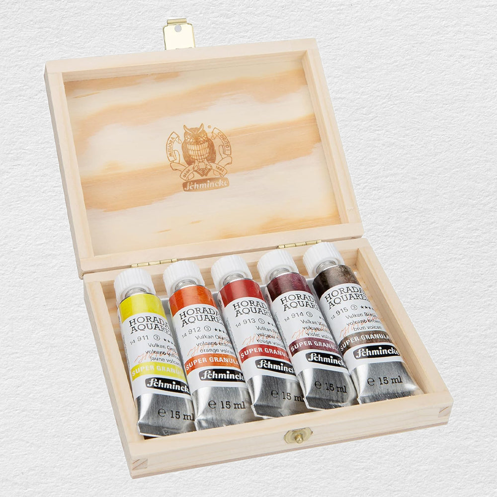 Schmincke Horadam Super Granulation Volcano Watercolour Set in a Wooden Box, 5x15 ml