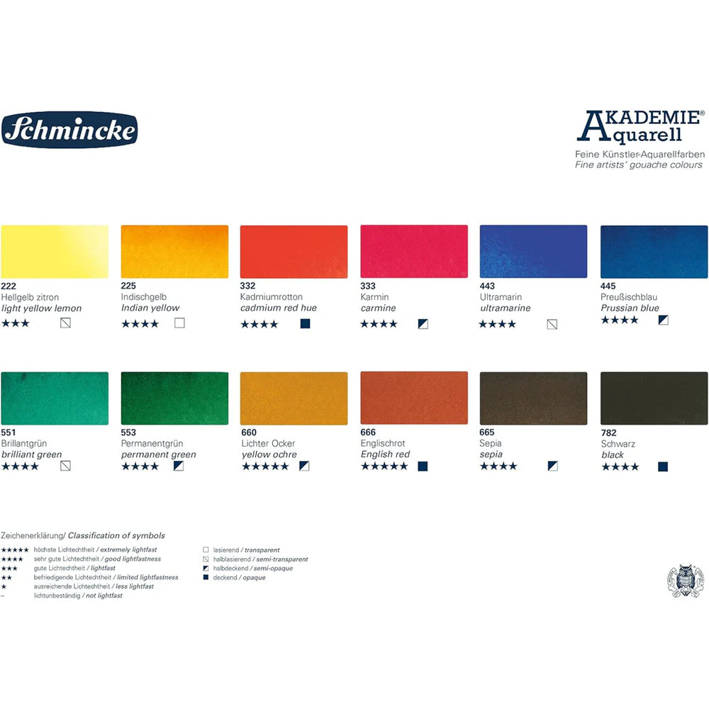 Schmincke Akademie Watercolour Set, 12 colors, Half-Pan