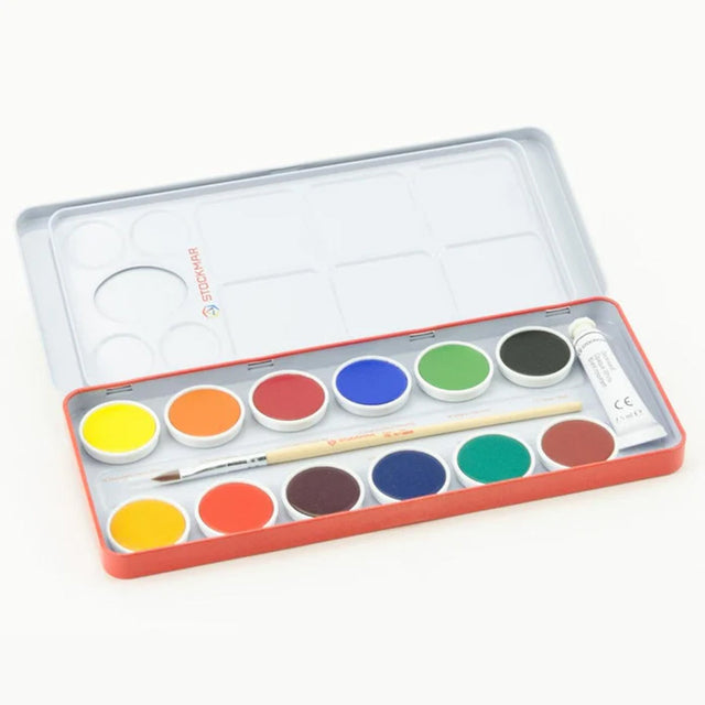 Stockmar Opaque Colour Watercolour Set, 12 colours + opaque white paint tube, brush, and palette