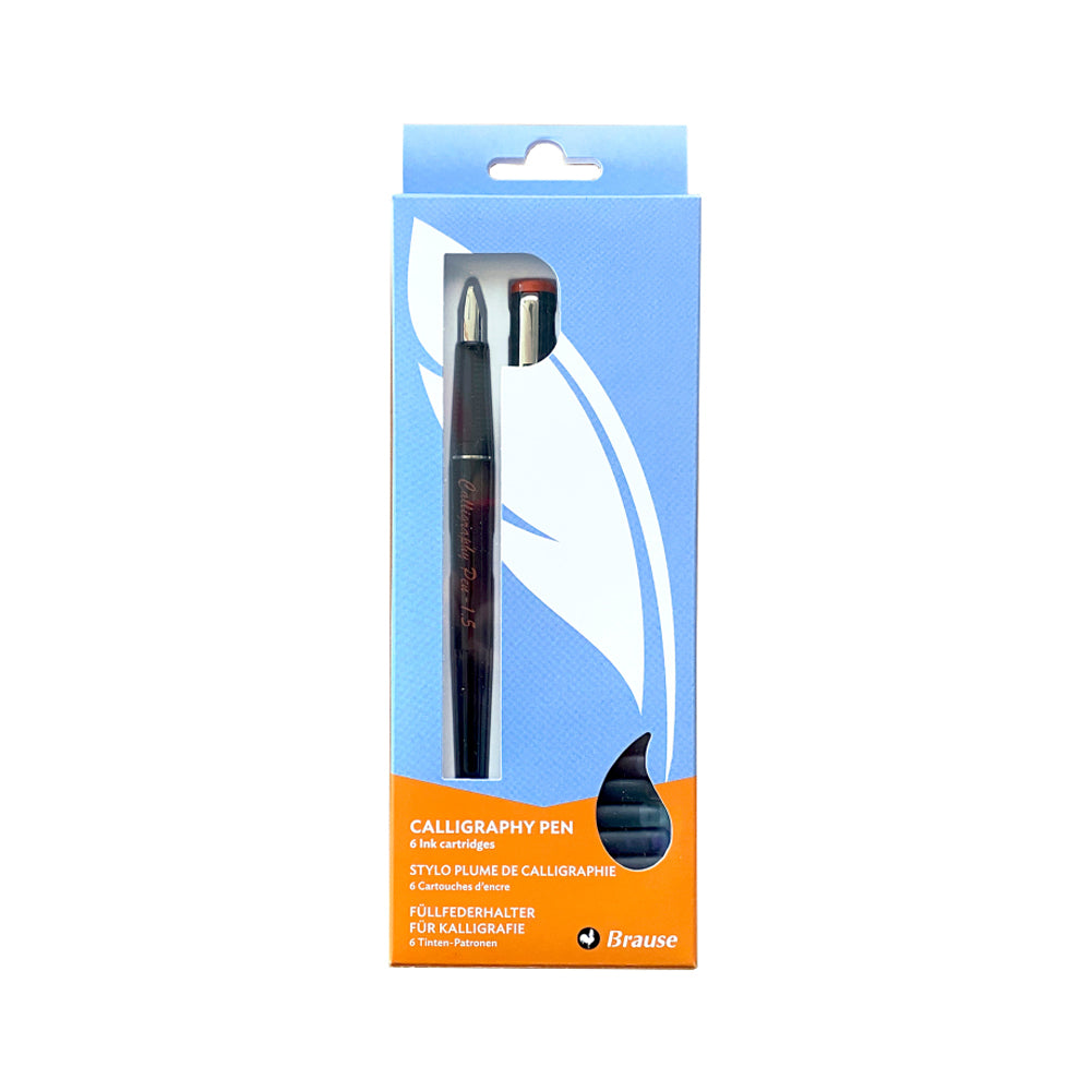 Brause Calligraphy Set of Fountain Pen, 6 Coloured Ink Cartridges and Instructions