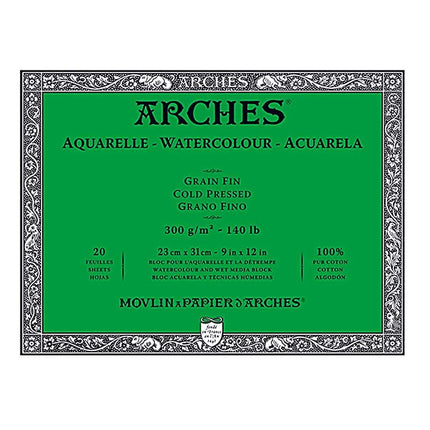 Arches Watercolour Paper Block, Cold Pressed, 9"x12", 140 lb, 20 sheets