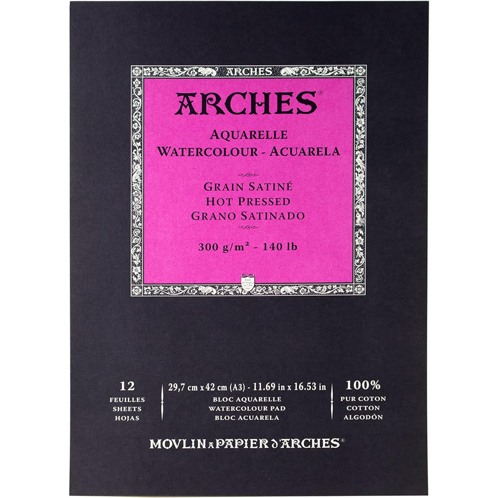 Arches Hot Pressed Watercolour Paper Pad, 100 % Cotton, 12 Sheets