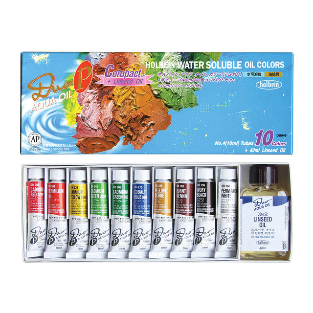 Holbein DUO Aqua Oil Water-Mixable Oil Paint Set, 10x10 ml + Linseed Oil