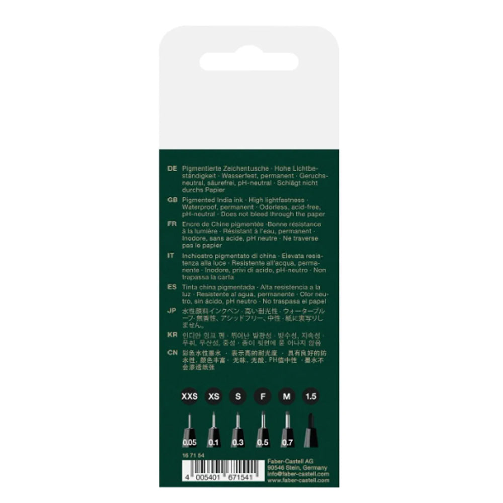 Faber-Castell Pitt Artist India Ink Pen Set, 6 pcs., Black, XXS, XS, S, F, M, 1.5