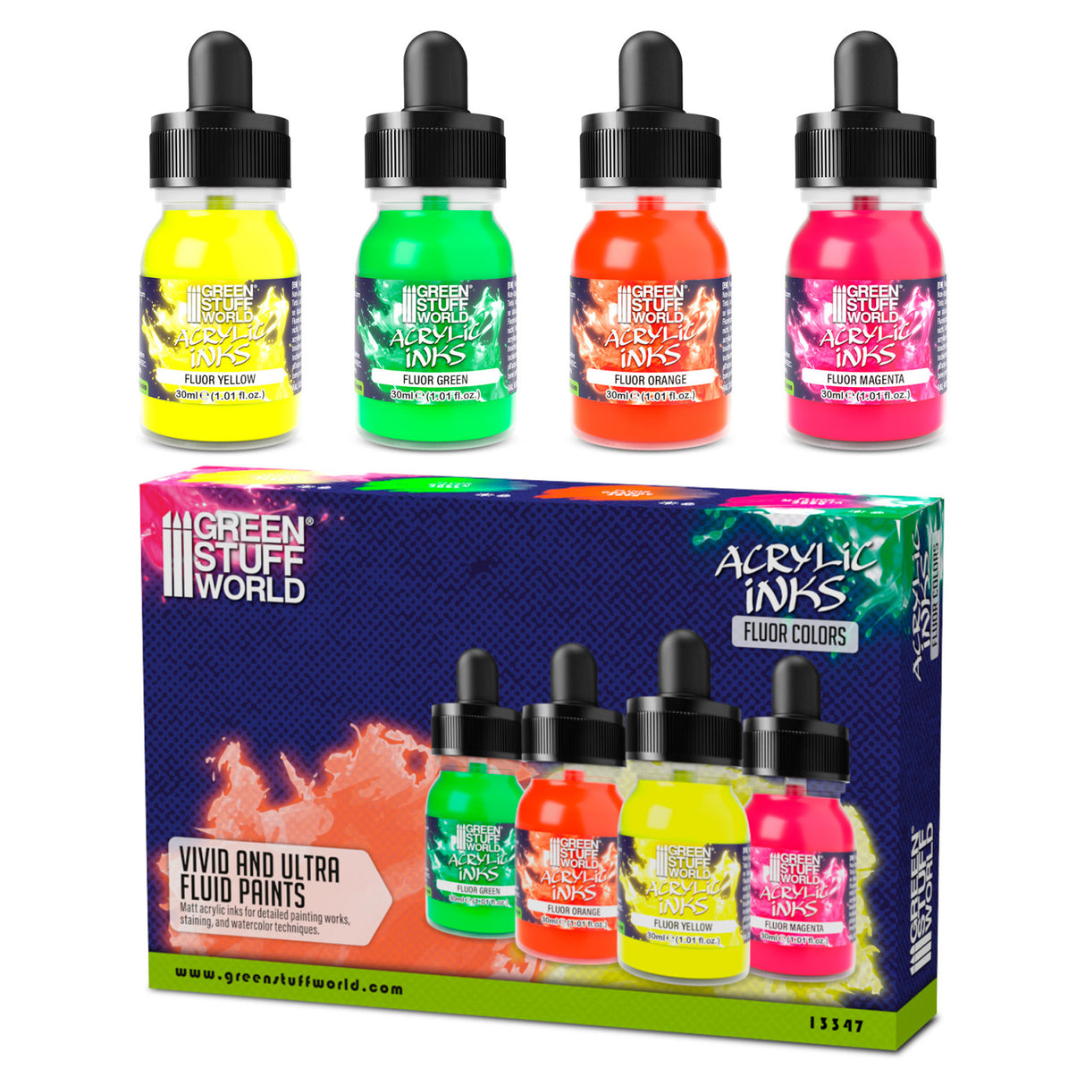 Green Stuff World Acrylic Inks Fluor Set, 4x30 ml