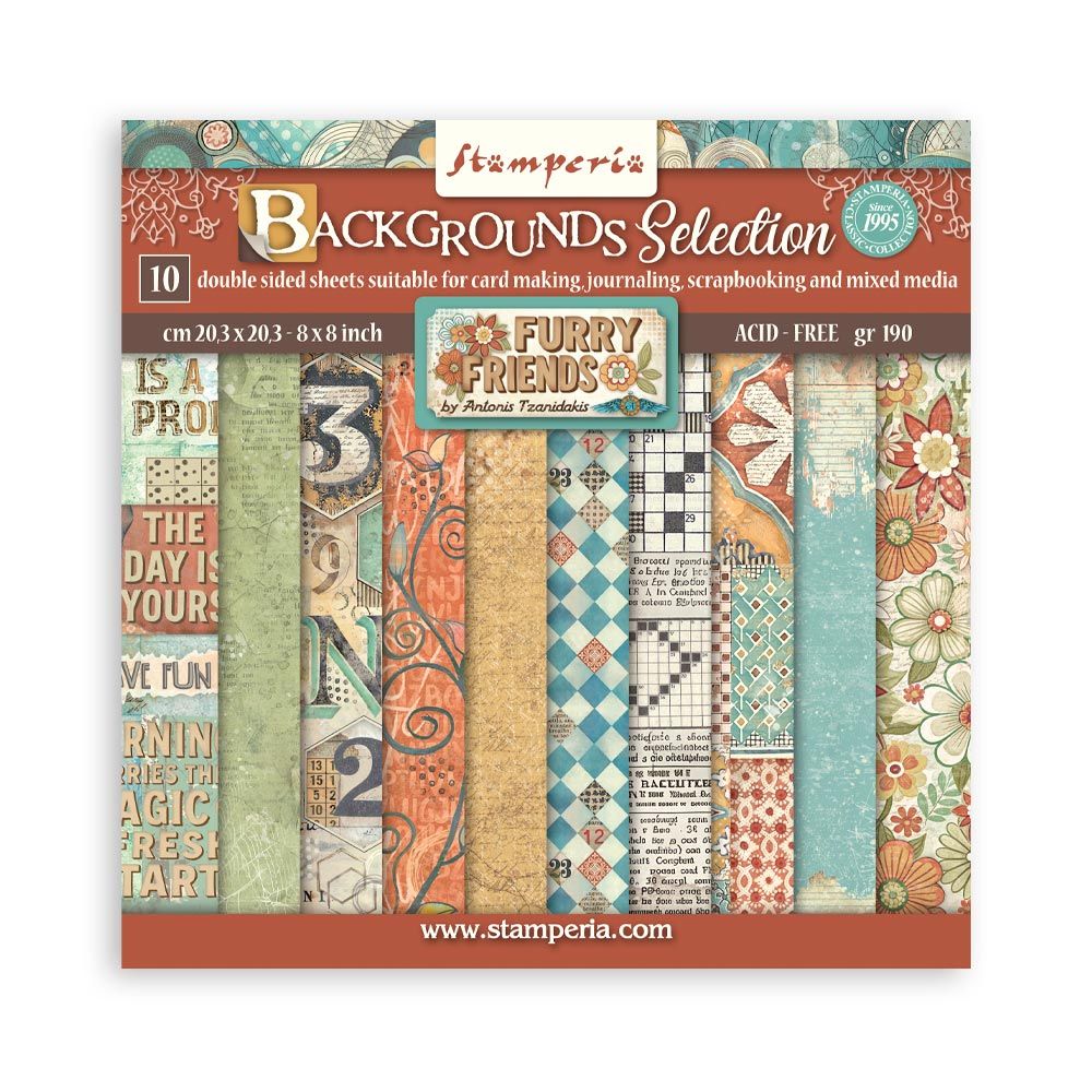 Stamperia Double-Sided Scrapbooking Paper Set - Furry Friends Backgrounds Selection, 10 units