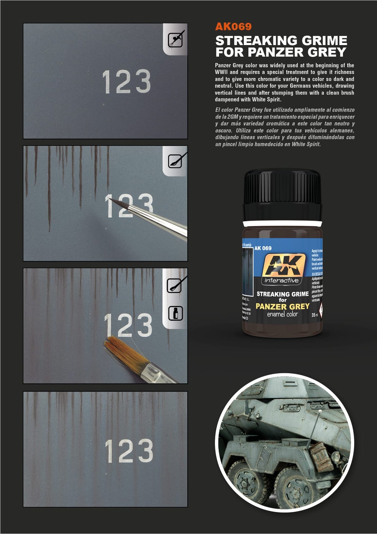 AK Interactive Streaking Grime for Panzer Grey Effect Paint, 35 ml