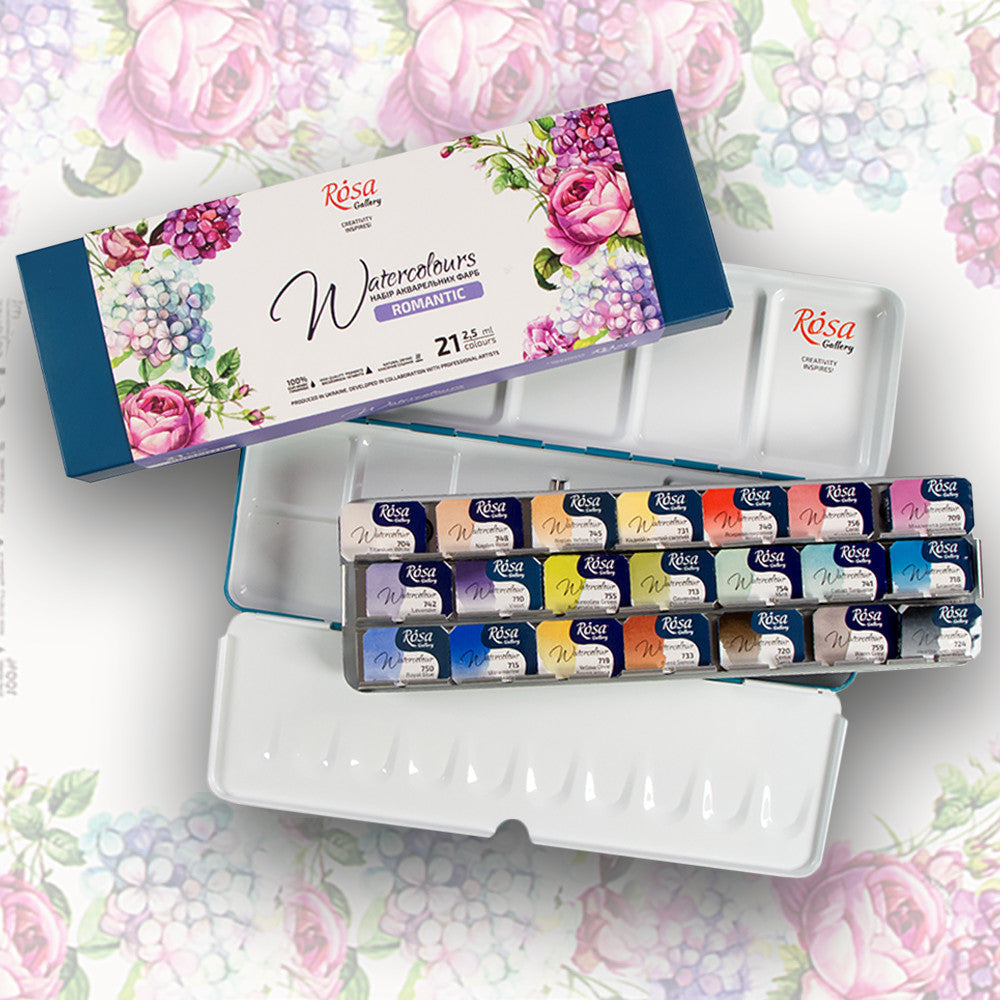 ROSA Gallery Watercolour Metal Tin Set - Romantic, 21 colours