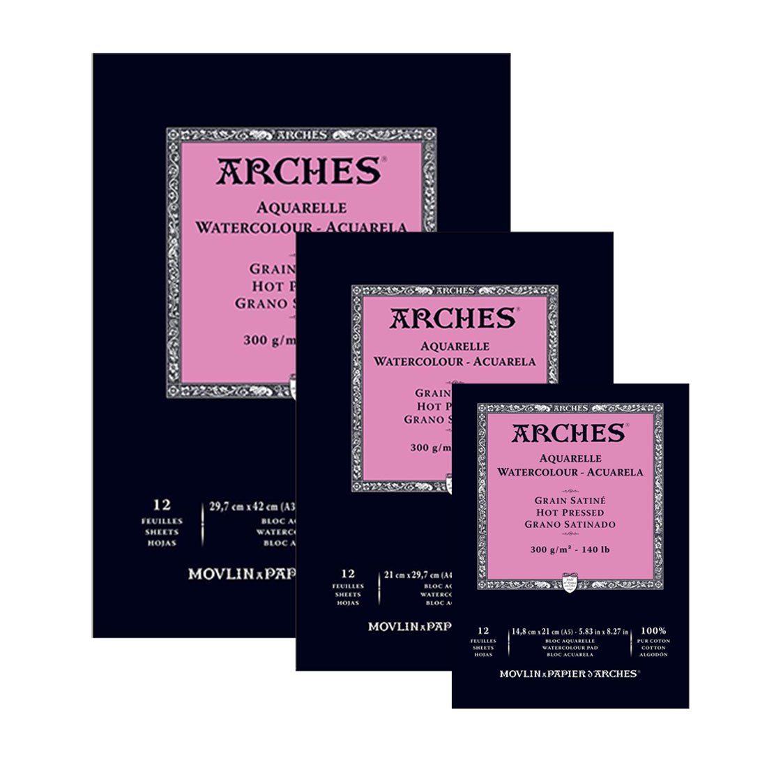 Arches Hot Pressed Watercolour Paper Pad, 100 % Cotton, 12 Sheets