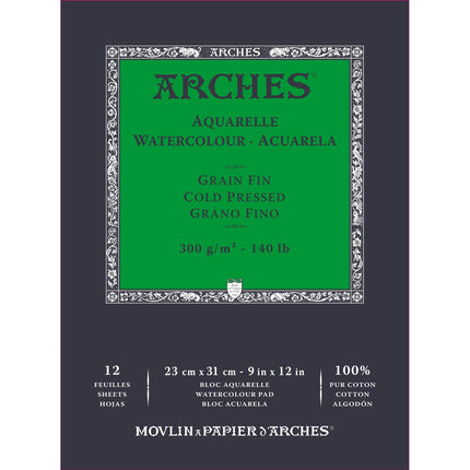 Arches Watercolour Paper Pad, Cold Pressed, 9"x12", 140 lb, 12 sheets