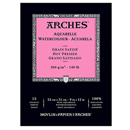 Arches Watercolour Paper Pad, Hot Pressed, 9"x12", 140 lb, 12 sheets