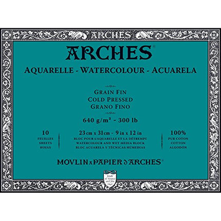 Arches Watercolour Paper Block, Cold Pressed, 9"x12", 300 lb, 10 sheets