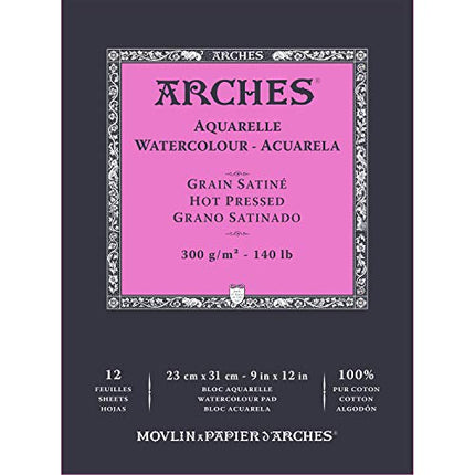 Arches Watercolour Paper Pad, Hot Pressed, 9"x12", 140 lb, 12 sheets