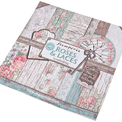 Stamperia SBBL25 Pack 10 Sheets Double face-Roses, lace and Wood, 30.5 x 30.5 (12" x 12"), Multicoloured