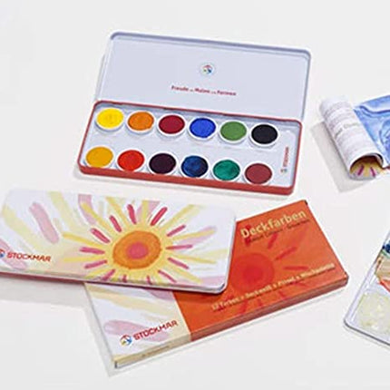 Stockmar Opaque Colour Box Set (12 colours pan paints, opaque white paint tube, brush, and palette)