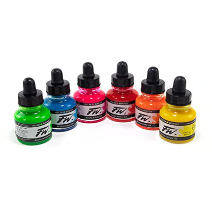 Daler-Rowney FW Acrylic Ink Bottle 6-Color Neon Set - Acrylic Set of Drawing Inks for Artists and Students - Permanent Art Ink Calligraphy Set - Calligraphy Ink for Color Mixing