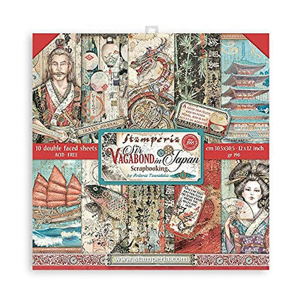 Stamperia Scrapbooking Pad 10 Sheets - 30.5x30.5 (12 inch x12 inch) - Sir Vagabond in Japan, Red, Teal, Brown (SBBL95)