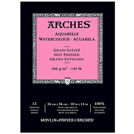 Arches Watercolour Paper Pad, Hot Pressed, 10"x14", 140 lb, 12 sheets